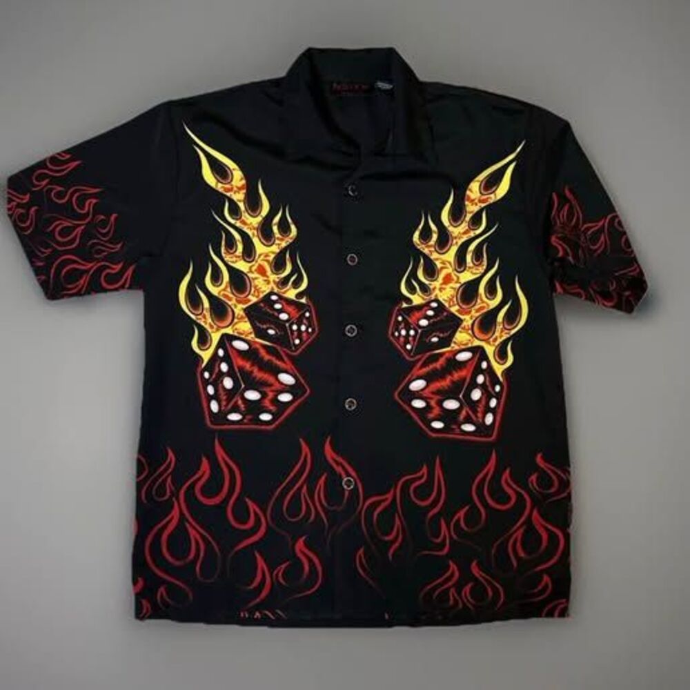 NSIXX by DragonFly Black Flames Dice Short Sleeve Button Up Shirt